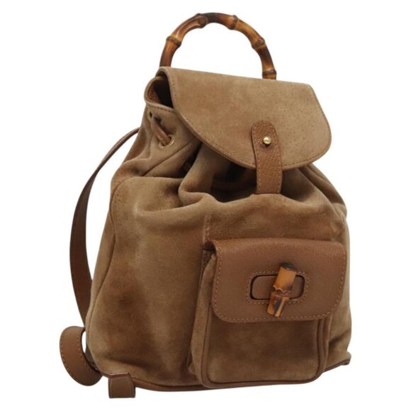 GUCCI Bamboo Backpack Suede Leather Beige Gold 003 2852 0030 0 Auth ep7906 - Picture 1 of 16